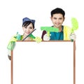 Cleaning service couple holding copyspace Royalty Free Stock Photo
