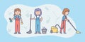 Cleaning Service Crew Concept. Female Characters In Uniform Cleaning The House With Vacuum Cleaner, Broom And Bucket Royalty Free Stock Photo