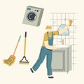 Cleaning Service, Female Character in Blue Uniform Overalls Washing and Wiping Mirror in Bathroom with Rag
