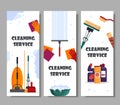 Cleaning service horizontal banners. Set house cleaning tools, detergent and disinfectant products, household equipment