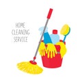 Cleaning service. House cleaning tools in bucket on white background. Royalty Free Stock Photo