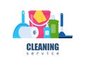 Cleaning service and household supplies. Design concept for web banner, infographic, poster. Detergent and disinfectant products