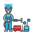 Cleaning service, houskeeping man, cleaner with vacuum cleaner flat line illustration, concept vector isolated icon Royalty Free Stock Photo