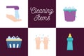 Cleaning service items flat style icon set vector design Royalty Free Stock Photo