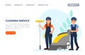 Cleaning service landing page. Professional cleaners in uniform with floor scrubber machine and mop flat vector Royalty Free Stock Photo