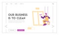 Cleaning Service Landing Page Template. Male Character in Robe Washing Window with Wiper Hanging on Ropes