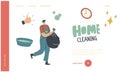 Cleaning Service Landing Page Template. Man at Household Activities. Male Character Cleaning Home