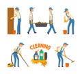 Cleaning Service with Man Doing Domestic Chores and Housekeeping Vector Set