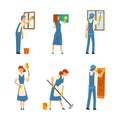 Cleaning Service with Man and Woman Doing Domestic Chores and Housekeeping Vector Set