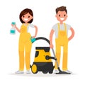 Cleaning service. Man and woman dressed in uniform on b Royalty Free Stock Photo