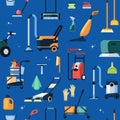 cleaning service pattern. mops rags and vacuum industrial cleaner. Vector seamless background Royalty Free Stock Photo