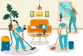 Cleaning service people, smiling women cartoon characters clean apartment room, vector illustration