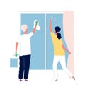 Cleaning service. People washing windows. Man and woman clean house, household vector illustration Royalty Free Stock Photo