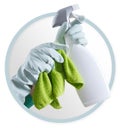 Cleaning service and products icon. Hands with gloves, green rag and spray bottle isolated on white background, contacts Royalty Free Stock Photo