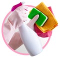 Cleaning service and products icon. Hands with pink gloves, rag and spray bottle isolated on white background, contacts Royalty Free Stock Photo