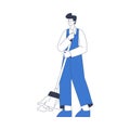 Cleaning Service with Professional Man Worker Character Sweeping Floor with Broom Vector Illustration