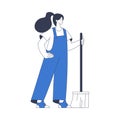 Cleaning Service with Professional Woman Worker Character Standing with Broom Vector Illustration