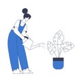 Cleaning Service with Professional Woman Worker Character Watering Flower Vector Illustration