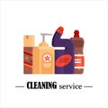 Cleaning service. Set house cleaning tools on white background. Detergent and disinfectant products, household