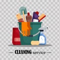 Cleaning service. Set house cleaning tools in bucket on transparent background. Detergent and disinfectant products