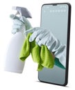 Cleaning service and solutions. Hands with gloves, rags and spray bottle emerge from the smartphone, search cleaning company on