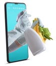 Cleaning service and solutions. Hands with gloves, rags and spray bottle emerge from the smartphone, search cleaning company on