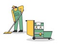 Cleaning Service And Staff Concept. Woman In Uniform Washing Floor By Mop. Janitorial Cleaning Cart With Tools