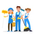 Cleaning service staff smiling cartoon characters isolated on white background. House cleaners dressed in uniform vector