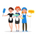 Cleaning service staff smiling cartoon characters isolated on white background. House cleaners dressed in uniform vector