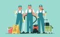 Cleaning service. Team of happy employees with cleaning equipment on an isolated background Royalty Free Stock Photo