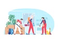 Cleaning service, team of home cleaners in uniform, vector cartoon characters vacuuming, washing window, making chores