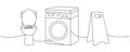 Cleaning service tools one line continuous drawing. Toilet bowl, washing machine, accident prevention sign continuous Royalty Free Stock Photo