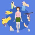 Cleaning service vector illustration for web banners, infographics. Cleanup proffecional woman maid, spray, mop, brush