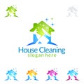 House Cleaning Vector Logo Design, Eco Friendly with shiny glass brush and spray Concept isolated on white Background Royalty Free Stock Photo