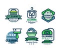 Cleaning service vintage logo design set. Housekeeping and laundry company retro badges, labels vector illustration Royalty Free Stock Photo