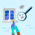 Cleaning service.Washing windows. Hands in gloves are removing mold and using detergent spray with chlorine.