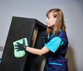 Cleaning service. wiping office furniture with cloth Royalty Free Stock Photo