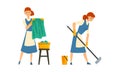 Cleaning Service with Woman in Apron Working Mopping Floor and Doing Laundry Vector Set Royalty Free Stock Photo