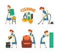 Cleaning Service with Woman Doing Domestic Chores and Housekeeping Vector Set