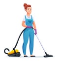 Cleaning service woman with vacuum cleaner. Female janitor character Royalty Free Stock Photo