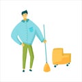 Cleaning service worker with mop and janitorial cart Royalty Free Stock Photo