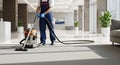 Cleaning Service Worker Vacuuming Office Floor, AI Generated Royalty Free Stock Photo
