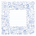 Cleaning services company vector monochrome pattern on white background, drawing pen, notebooks lined