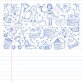 Cleaning services company vector monochrome pattern on white background, drawing pen, notebooks lined
