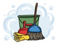 Cleaning services concept. Editable illustration with broom and dustpan. Advertising of home, office cleaning services