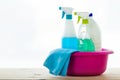 Cleaning set for different surfaces in kitchen, bathroom and other rooms at home. Royalty Free Stock Photo