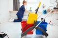 Cleaning set for different surfaces in kitchen, bathroom and other rooms. Royalty Free Stock Photo