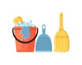 Cleaning set in a flat style vector illustration isolated on white background. Vector bucket, broom, scoop, gloves, sponge.