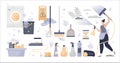 Cleaning set with hygiene tool and disinfection supply elements collection Royalty Free Stock Photo