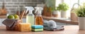 Cleaning set with products and tools on kitchen table Royalty Free Stock Photo